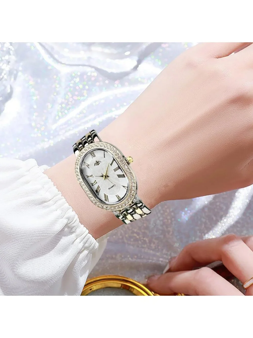 Women's Two-Tone Vintage Rome Oval Case Adjustable Stainless Steel Analog Watch